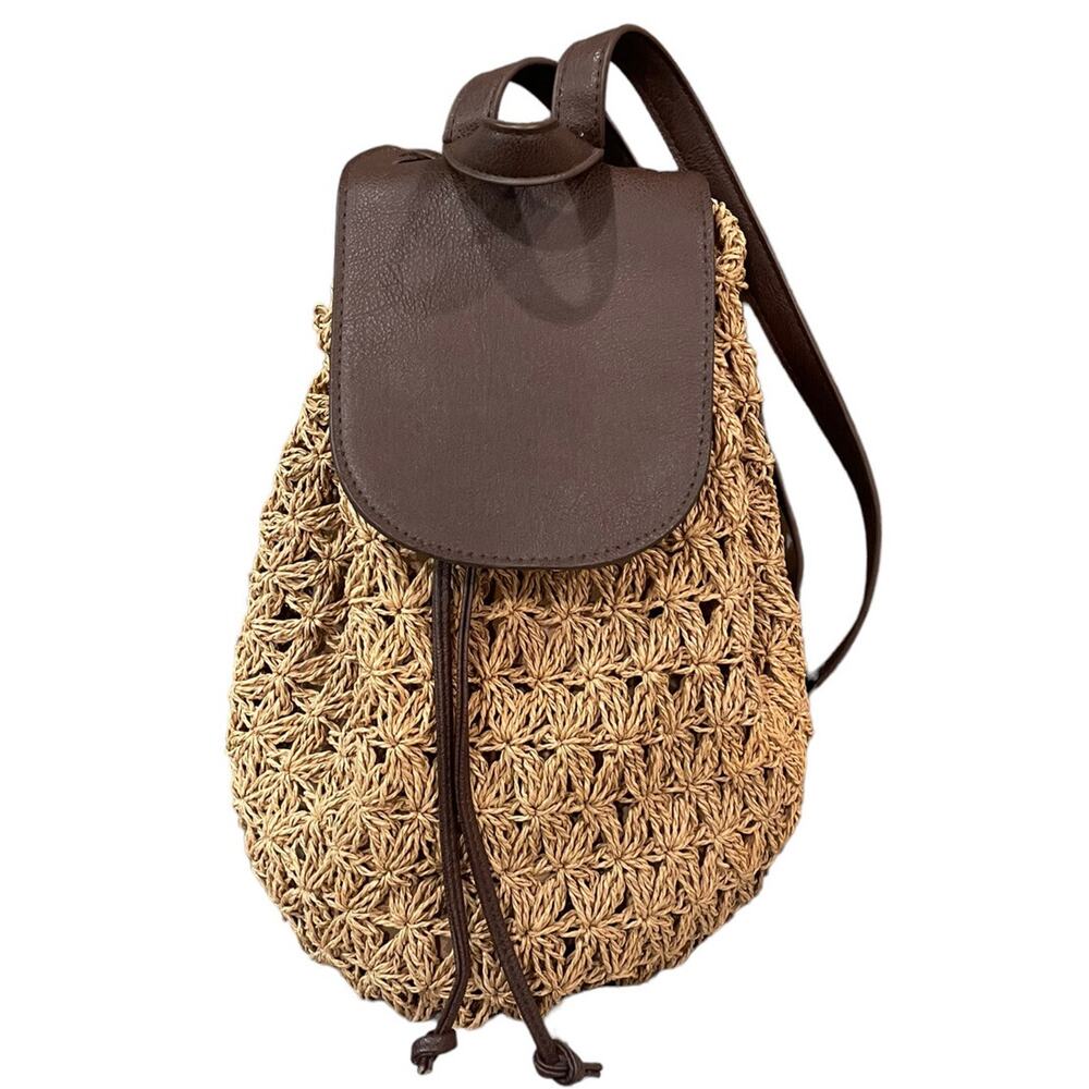 Cappelli Straw Crochet Back Pack Bag/Purse Straw w/Brown faux Leather 10"x9"x6"